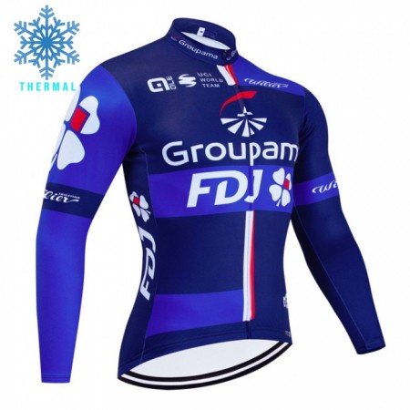 Wielershirt 2024 Groupama FDJ Lange Mouw Winter Thermal Fleece Zwart Blauw